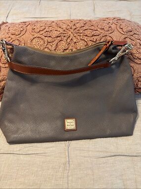 Dooney & Bourke Gray Leather Shoulder Bag with Brown Trim